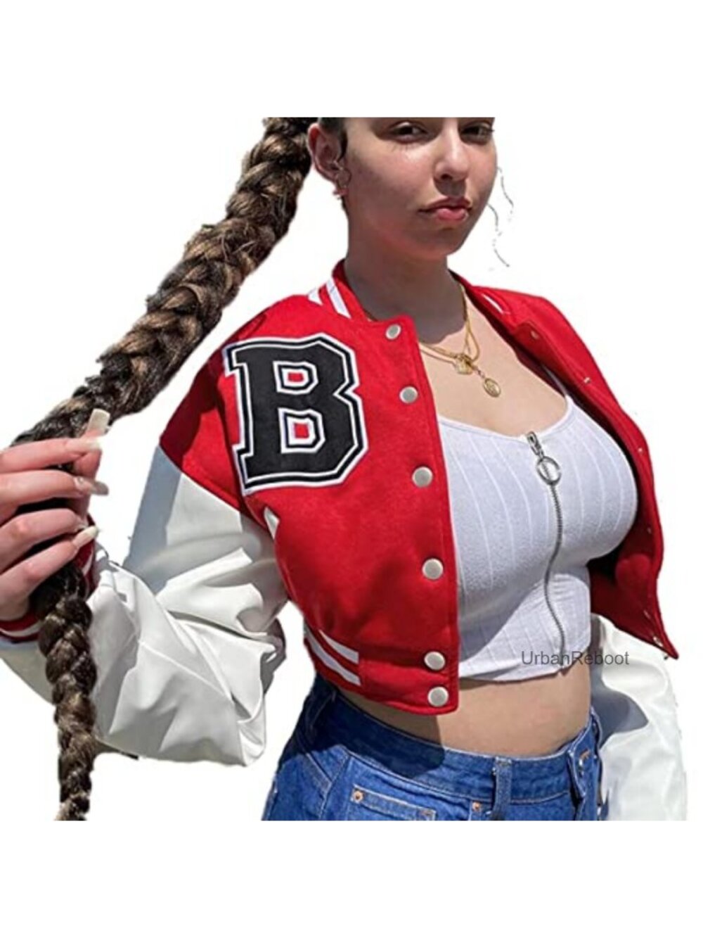Crop Varsity Jacket Stitched Leather Baseball Bomber Jacket Y2K Streetwear